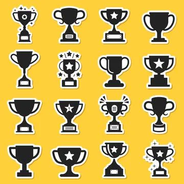 Trophy cup paper sticker icon set collection in flat style. Award prize vec.. Stock Illustration