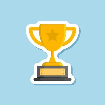 Trophy cup paper sticker icon in flat style. Award prize vector illustratio.. Stock Illustration