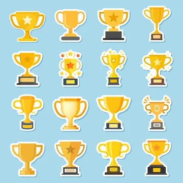 Trophy cup paper sticker icon set collection in flat style. Award prize vec.. Stock Illustration