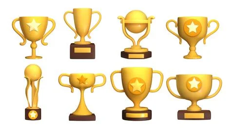 Trophy cup set. 3d winner award icon, champion medal or gold win reward prize 스톡 일러스트
