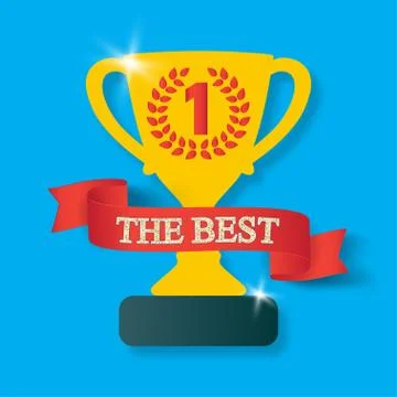 Trophy cup with shadow. Icon gold goblet, medieval goblet with ribbon and text Stock Illustration