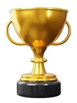 A trophy cup stands alone on a clear background. The cup is shiny gold with.. Stock Photos