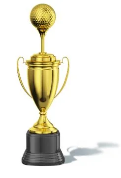 Trophy cup, with a tee and golf ball at the top. All in gold, with black base Stock Illustration