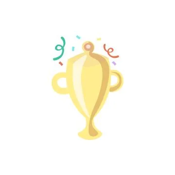 Trophy Cup Vector Flat cartoon Icon with celebration sparkles and ribbons. Award Stock Illustration