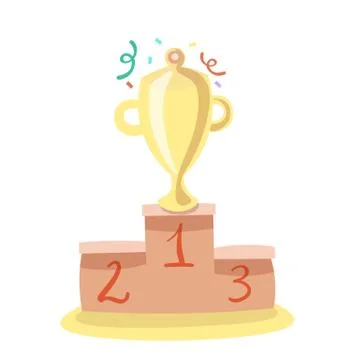 Trophy Cup Vector Flat cartoon Icon with celebration sparkles and ribbons. Award Stock Illustration