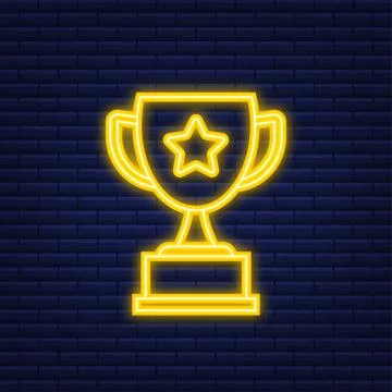 Trophy Cup Vector Flat Icon with star and laurel wreath. Neon icon. Vector Stock Illustration