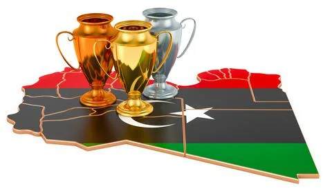 Trophy Cups on Libyan map. Sport Tournaments in Libya, concept. 3D rendering Stock Illustration