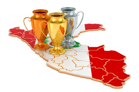 Trophy Cups on Peruvian map. Sport Tournaments in Peru, concept. 3D rendering Illustrazione stock