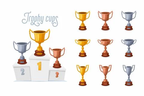 Trophy cups on a podium. Gold, silver, and bronze winner prize cups set with Stock Illustration