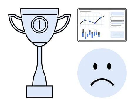 Trophy representing achievement, sad face symbolizing disappointment, and dat Stock Illustration