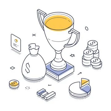 Trophy representing victory, surrounded by various financial symbols like coi Stockillustratie
