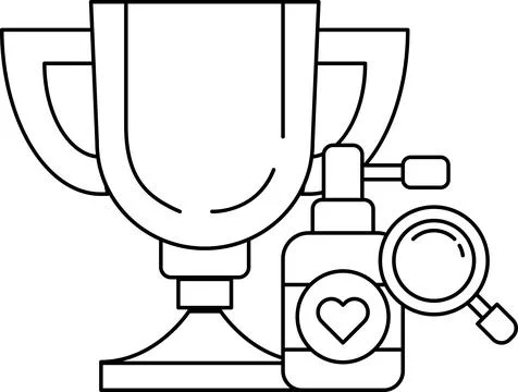 A trophy is shown with a bottle of perfume and a magnifying glass Ilustração Stock