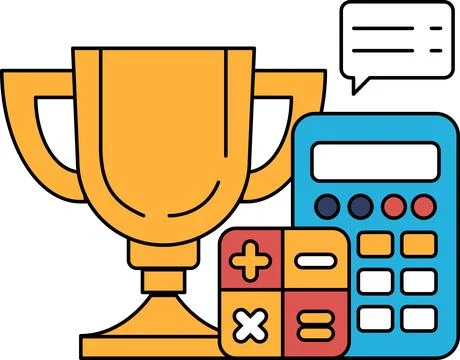 A trophy is shown next to a calculator and a set of math problems イラスト素材