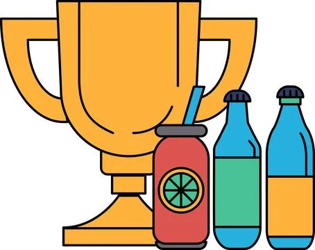 A trophy is shown next to a can of soda and a bottle of beer Stock Illustration