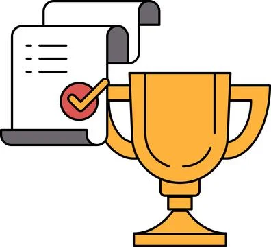 A trophy is shown next to a piece of paper with a check mark on it Stock Illustration