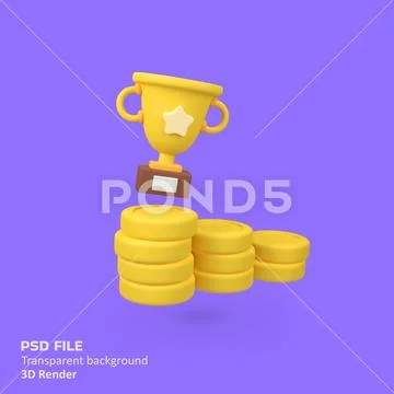 Trophy on Stacks of Gold Coins isolated 3d render icon illustration PSD Template