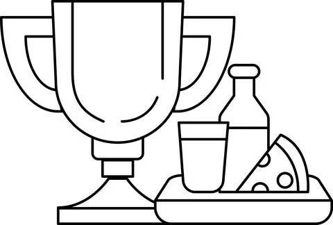 A trophy is on a table with a bottle, a cup, and a slice of pizza Stock Illustration