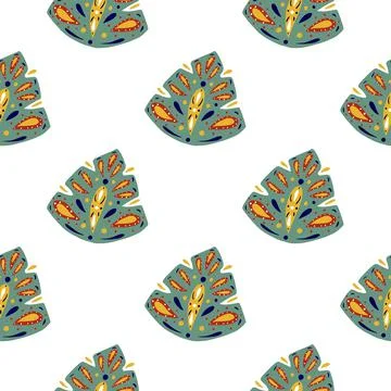 Tropic abstract folk monstera leaf ornament seamless pattern. Isolated exotic Stock Illustration