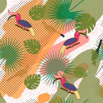 Tropic exotic multicolor pattern with birdsand tropical plants Stock Illustration