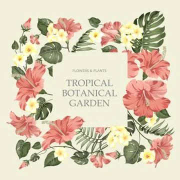 Tropic flower frame with template text over gray background. Sign in the center Ilustração Stock