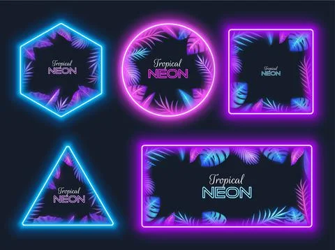 Tropic frame set with palm, monstera leaves. Jungle borders, neon light design Stock Illustration