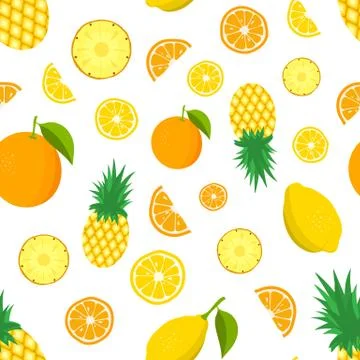 Tropic fruit pattern. Color background with lemon, pineapples, oranges. Vecto Stock Illustration
