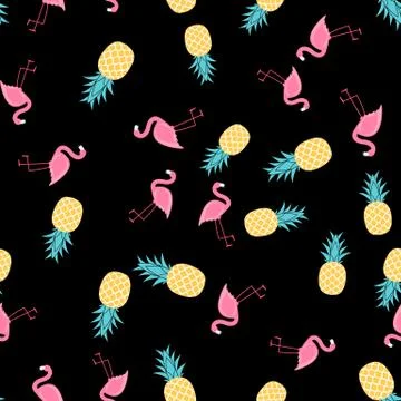 Tropic fruit Pineapple and Pink Flamingo seamless pattern background design.  스톡 일러스트