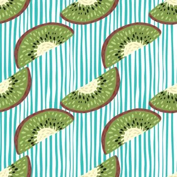 Tropic fruit seamless pattern with kiwi simple slice shapes. Blue and white s Illustrazione stock