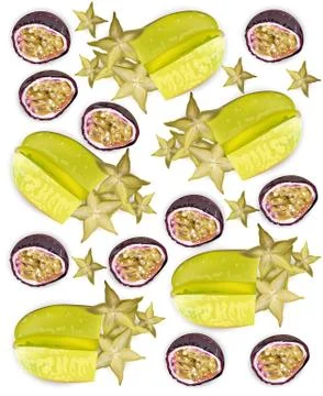Tropic fruits pattern Vector realistic. Starfruit, passion fruit, physalis ba 스톡 일러스트