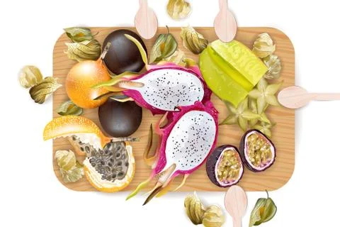 Tropic fruits pattern Vector realistic. Dragon fruit, granadilla, passion fru Stock Illustration