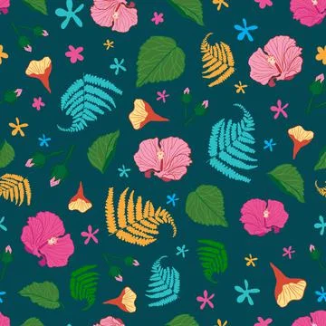 Tropic Hawaii seamless vector pattern on dark green background Stock Illustration