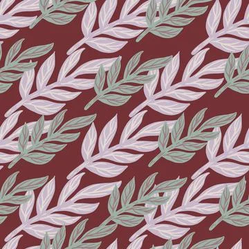 Tropic leaf branches seamless pattern in abstract style. Maroon background. N Stock Illustration
