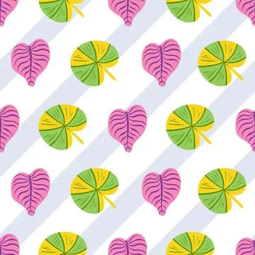 Tropic leaves seamless vector pattern on striped background Stock Illustration