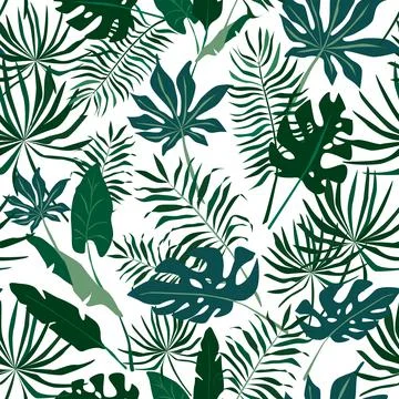 Tropic leaves on white seamless vector pattern Stock Illustration