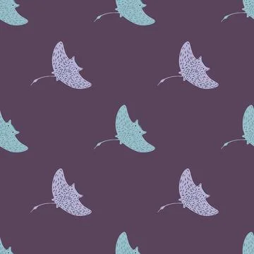 Tropic marine seamless pattern with doodle stingray ornament. Purple pastel b Illustrazione stock