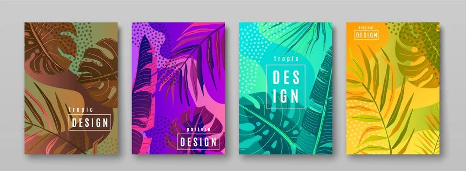 Tropic pattern set. Collection of tropical backgrounds in simple minimal flat 스톡 일러스트