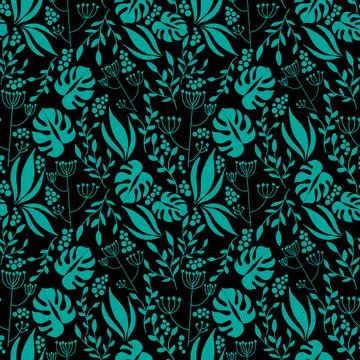 Tropic seamless pattern - turquoise leaves on black background Illustrazione stock