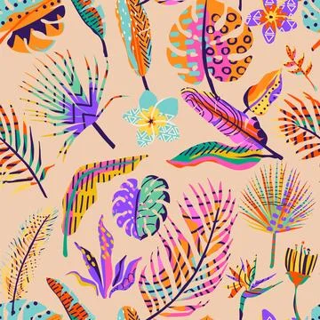 Tropic seamless vector background. Summer pattern with textured palm leaves Stockillustratie