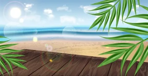 Tropic seaside template Vector realistic background. Exotic palm leaves summe Stockillustratie