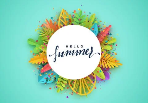 Tropic summer background, palm leaf, paper flower. Illustrazione stock