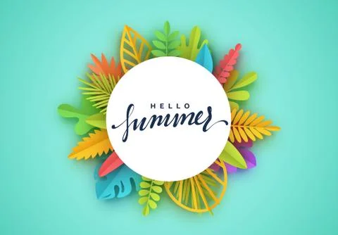 Tropic summer background, palm leaf, paper flower. イラスト素材