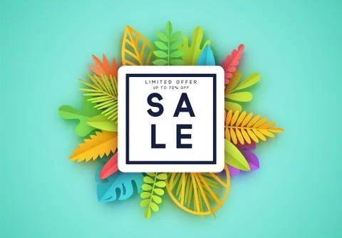 Tropic summer background, palm leaf, paper flower. Illustrazione stock
