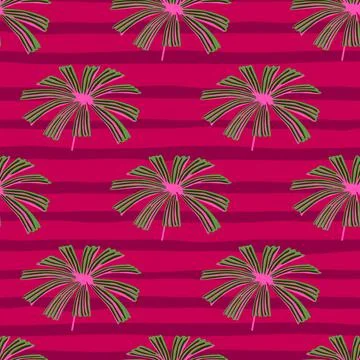 Tropic summer seamless pattern with green doodle palm licuala shapes. Pink st Stock Illustration