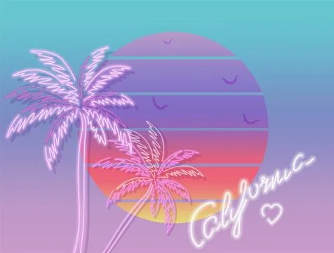 Tropic sunset california poster Vector. Colorful vintage decor symbols Stock Illustration