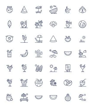 Tropical 256x256 Vector Icon Pack with 42 Bold Line Grid Fitted Elements Stock Illustration