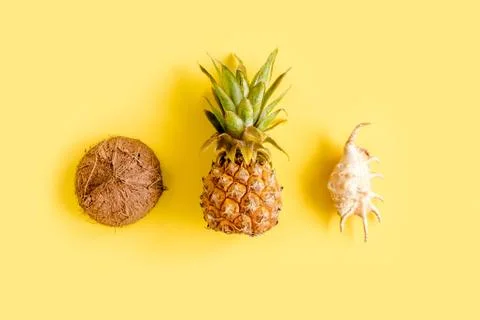 Tropical abstract background, pattern with coconut and pineapple, on yellow Stock Photos