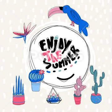 Tropical abstract round frame with cactuses. Line art summer background for your Stock Illustration
