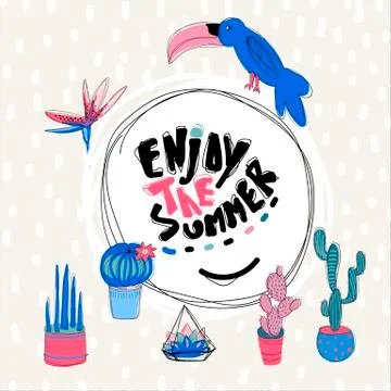 Tropical abstract round frame with cactuses. Line art summer background for your Stock Illustration
