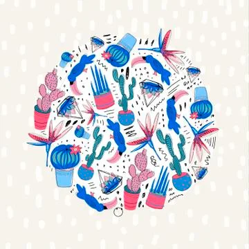 Tropical abstract round frame with cactuses. Line art summer background for your Stock Illustration