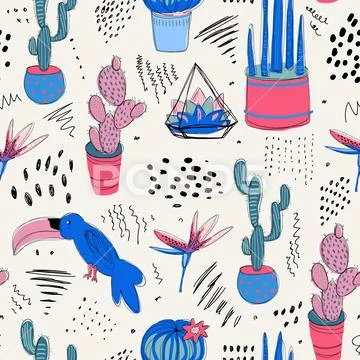 Tropical abstract seamless pattern with cactuses. Line art summer background for Stock Illustration